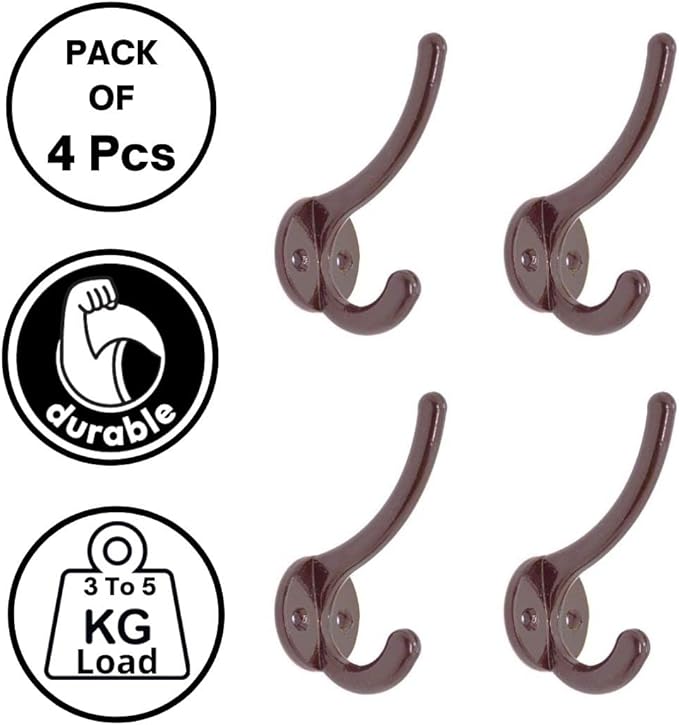 FAPBADRI Multipurpose Hooks, Used to Hang Clothes, Bags, Coats, Curtain Hold Backs, Keys, Brown Colour, Material - Aluminium, Screws and Wallplugs Included, Pack of 4 Pieces