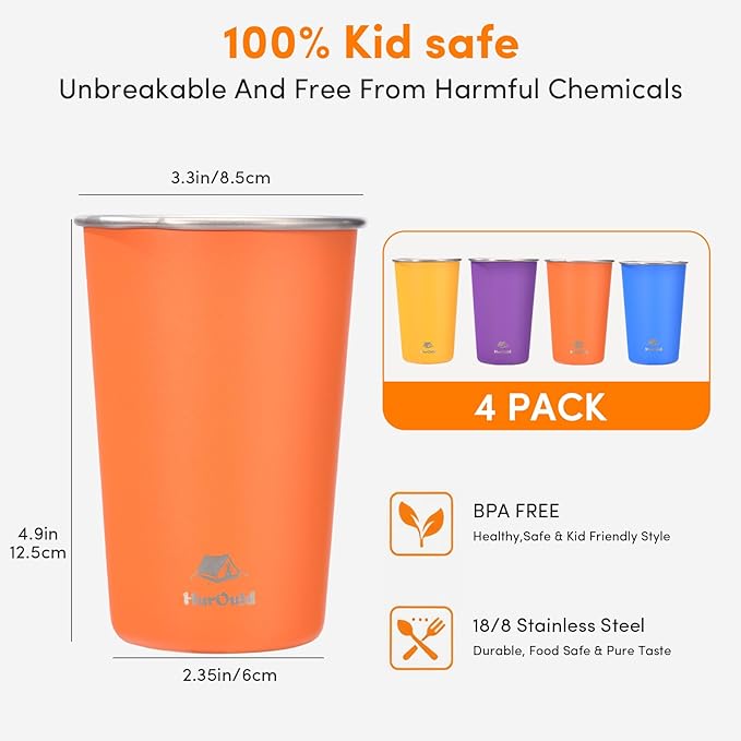 4 Pack Stainless Steel Cups 16oz - Colorful Stackable Metal Drinking Glasses for Camping, Travel, Shatterproof Tumblers