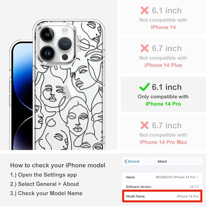 MOSNOVO Case for iPhone 14 Pro, [Buffertech 6.6ft Military-Grade Drop Protection] [Anti Peel Off Tech] Clear TPU Bumper Phone Case Cover Design - Abstract Face Line Art