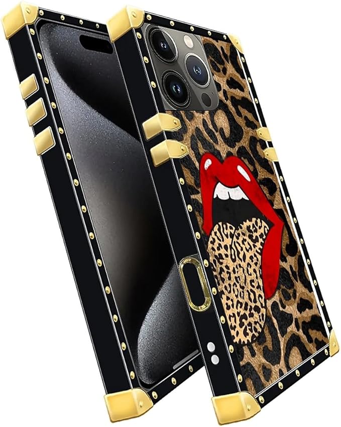 Compatible with iPhone 16 Pro Max Case, Brown Leopard Print Mouth Luxury Golden Decoration for Girl Women Soft TPU Shockproof Protective Hard PC Back for iPhone 16 Pro Max