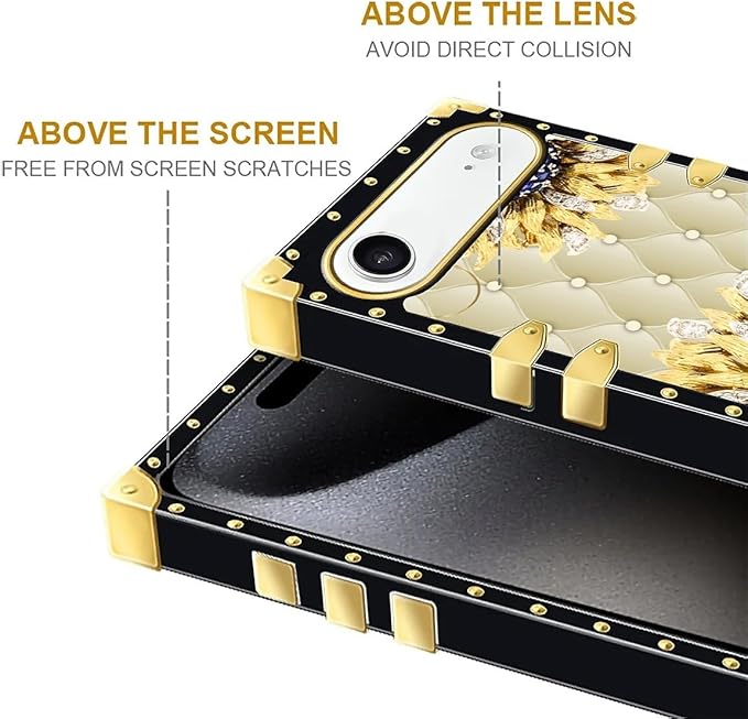 for iPhone 17 Air Case Luxury Golden Decoration for Girl Women Soft TPU Shockproof Protective Hard PC Back for iPhone 17 Air Crazy Pattern Sunflower Diamonds Leather