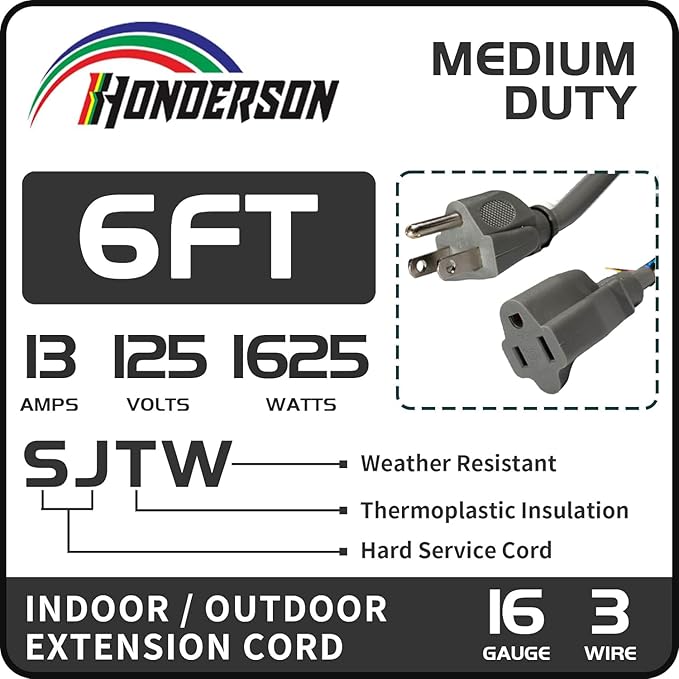 Indoor Outdoor Extension Cord Weatherproof, UL Certified, 16 Gauge 6FT Grey 3 Prong Heavy Duty, 16/3 SJTW 13A Power Cord for Outdoor Lights, Appliances, Lawn