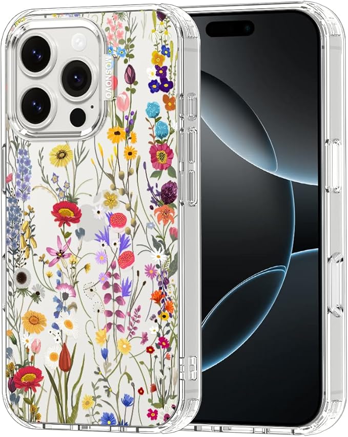 MOSNOVO Case for iPhone 16 Pro, [Buffertech 6.6ft Military-Grade Drop Protection] [Anti Peel Off Tech] Clear TPU Bumper Phone Case Cover Design - Wildflower Meadow