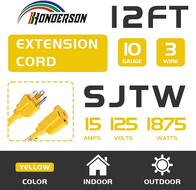 Indoor Outdoor Extension Cord Weatherproof, UL Certified, 10 Gauge 12FT Yellow 3 Prong Heavy Duty, 10/3 SJTW 15A Power Cord for Outdoor Lights, Appliances, Lawn