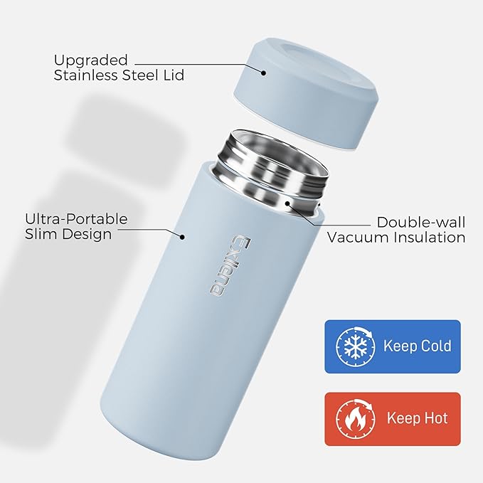 【Upgraded】Exllena Small Insulated Water Bottle 8 oz/250ml– Mini Insulated Water Bottle for Hot & Cold Drinks, Perfect Small Water Bottle for Travel, Purse...(Greyish Blue)