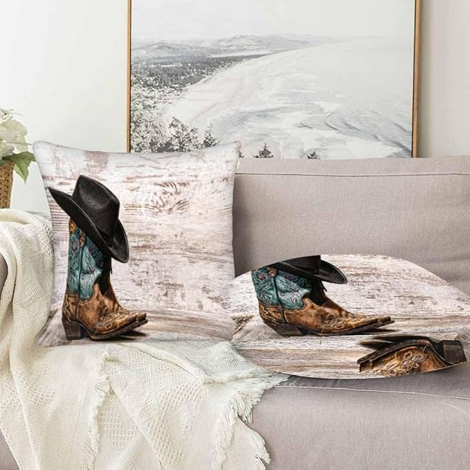 Western Cowboy Embroidered Boots Hat 18x18 Throw Pillow Covers Set of 2 American West Rodeo ATOP Fashion Leather Cushion Pillow Cases Square Outdoor Decorative Home Bed Sofa Couch Office