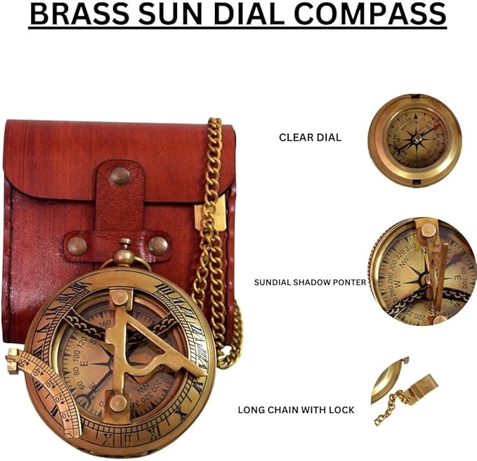 Vintage Brass Sundial Compass with Leather Case – Antique Nautical Navigation Tool, Engraved Marine Compass, Outdoor Hiking Camping Gift for Men, Father, Husband, Explorer