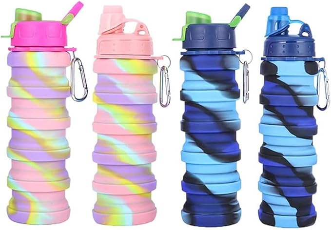 Silicone Collapsible Water Bottles, 16oz（500ml） Portable Foldable Expandable Water Bottle Sports Cups, Leak Proof Reusable BPA Free, for Outdoor Activities (Blue)