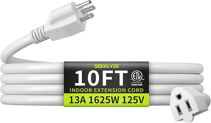 16/3 White Extension Cord 10 FT, Indoor Extension Cord for Laptops, Coffee Makers, Office Home Appliances, 3 Prong Resistant Cable Flexible, 13A 125V 1625W ETL Listed