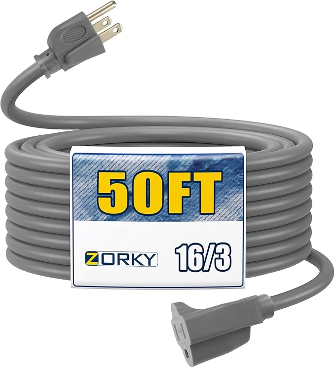 50ft Outdoor Extension Cord for Christmas Decorations- 16/3 Heavy Duty SJTW Waterproof Gray Electrical Cable with 3 Prong Grounded Plug for Safety, Great for Lawn and Major Appliances