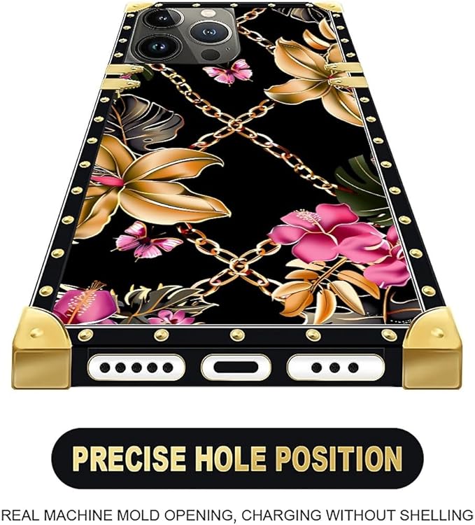 Compatible with iPhone 16 Pro Case, Pink Golden Chain Tropical Flower Luxury Golden Decoration for Girl Women Soft TPU Shockproof Protective Hard PC Back