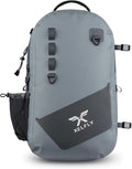 Xelfly - Waterproof Fishing Backpack with Rod Holder, Inflatable Air Valve, Padded Waist Straps & Gear Loops - Submersible Zipper, Rugged Top Handle, Adjustable Attachments (Gray)