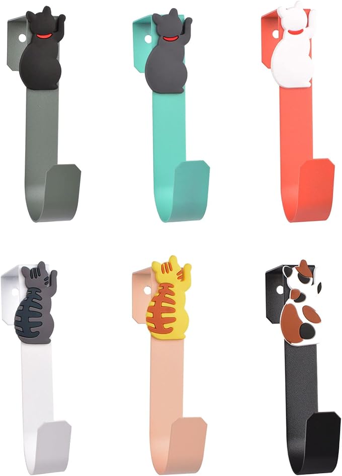 Over The Door Hooks, 6Pcs Sturdy Metal Single Over Door Hooks with Animal Decorative Over The Door Towel Rack for Hanging Towels, Clothes,Bags, Hats (Cat Decoration)