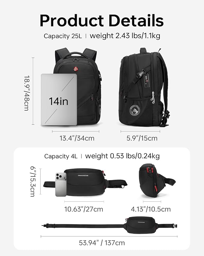 CROSSGEAR Travel Laptop Backpack + Crossbody Sling Bag Set, Fits 14-17.3" Laptop Computer, Anti Theft Lock, Charging Port, Multi-pocket, 25L Waterproof Work Business Backpack for Men Women, Black