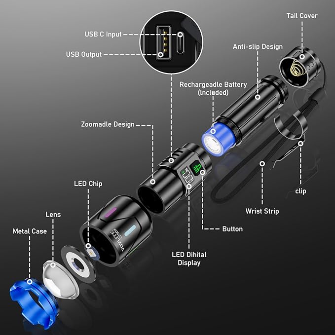 Flashlights High Lumens Rechargeable 5000mAh with LCD Power Display, Super Bright 100000 Lumen Flashlight, IPX7 Waterproof, 3 Modes & Zoomable (1500m), Belt Clip for Camping, Hiking, Emergency