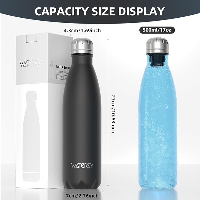 WATERSY Stainless Steel water bottles,17oz/500ml Insulated Water Bottles,Black metal water bottle Keeps Drink Cold and Hot,BPA Free kids water bottles for School,Gym,Travel,Sports