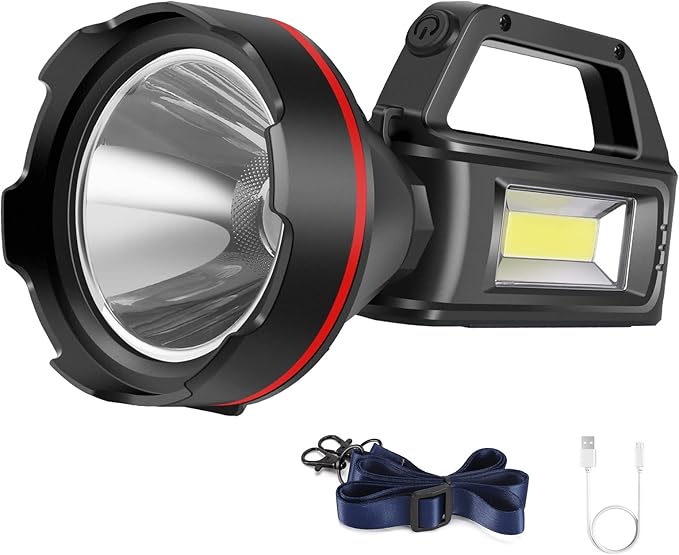 Rechargeable Spotlight Flashlight, High Lumens Handheld Spotlight,LED Searchlight with Shoulder Strap and USB Output for During Hurricane,Emergency, Storms, Outages,Hunting , Hiking, Camping(Black1)