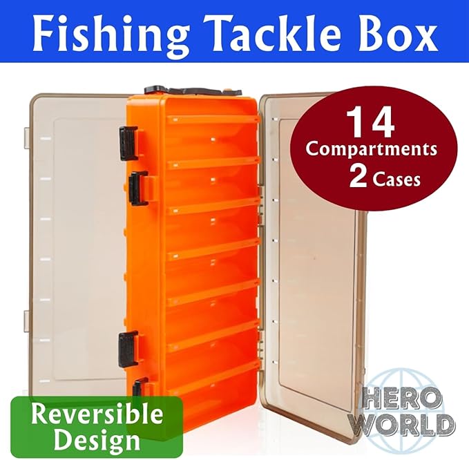 Fishing Tackle Box Set – 2-Pack Double-Sided Reversible Lure Organizer (Orange,14-Slotx2)