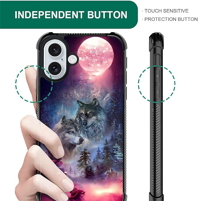 for iPhone 16 Case, Star Two Wolfs Howling Pattern Graphic Design Girl Boy Soft Silicone Hard Acrylic Shock Protection for iPhone 16
