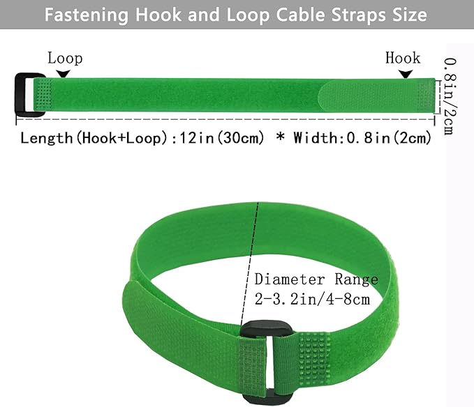 10 Pack (12 x 0.8 Inch) Reusable Fastening Cable Ties and Cable Straps Green Color Adjustable Multi-Purpose Hook and Loop Straps Nylon Cable Ties Organizer Fastener Management Wire Straps