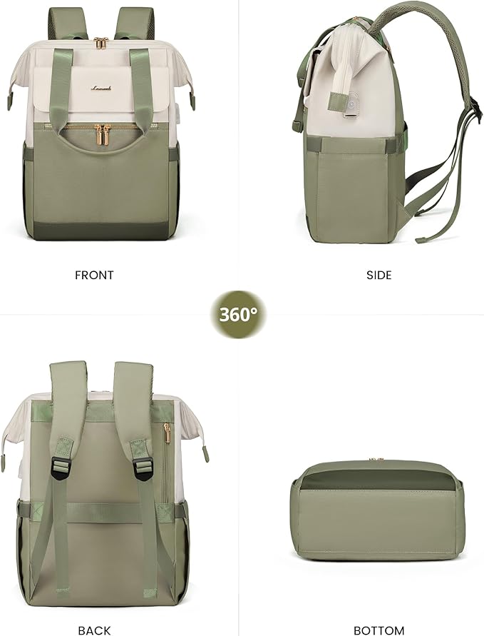LOVEVOOK 17.3 Inch Laptop Backpack for Women, Large Capacity Travel Backpack with Organizer Bag,Waterproof Carry on Backpack Work Bag with USB Port,Teacher Nurse Backpack Purse,2PCS,Beige-Bean Green