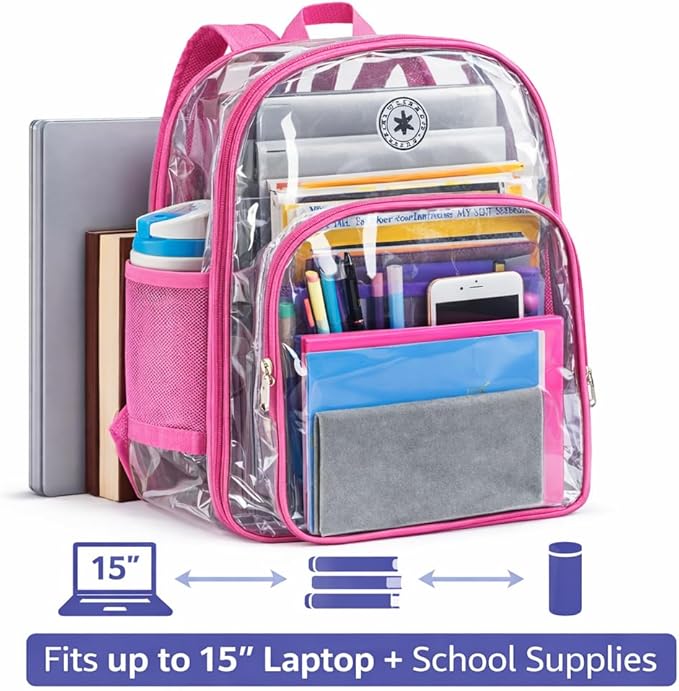 K-Cliffs Large Transparent Backpack Clear Heavy Duty School Bag Durable Student Bookbag See Through Vinyl Daypack Workbag