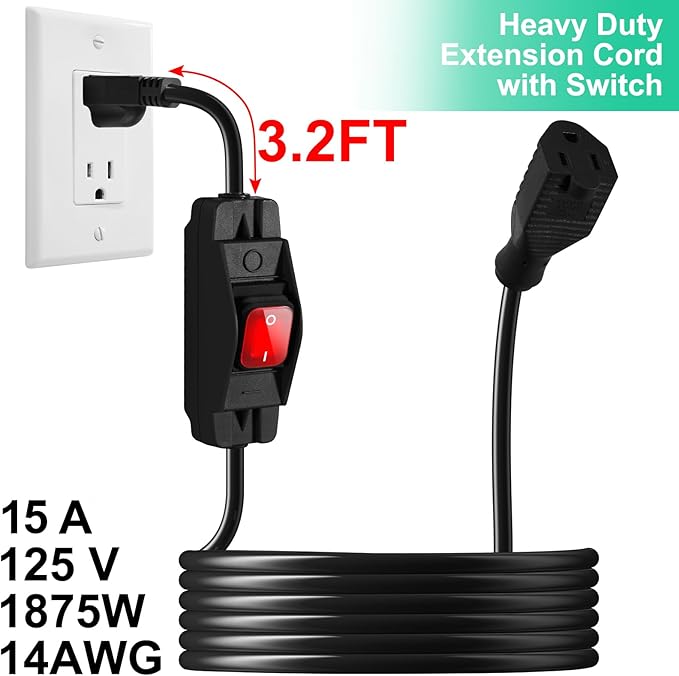 Outdoor Waterproof On/Off Switch Extension Cord, Heavy Duty 125v/250v Black SJTW Cord (10 Ft, Black)
