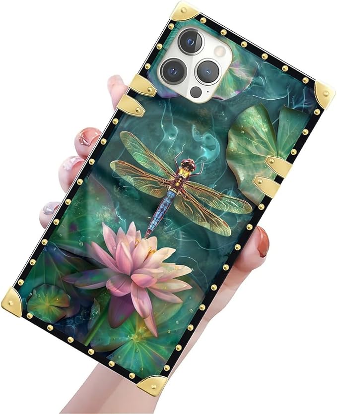 Compatible with iPhone 12 Case, Colourful Dragonfly Pink Lily Pads Luxury Golden Decoration for Girl Women Soft TPU Shockproof Protective Hard PC Back for iPhone 12 Pro
