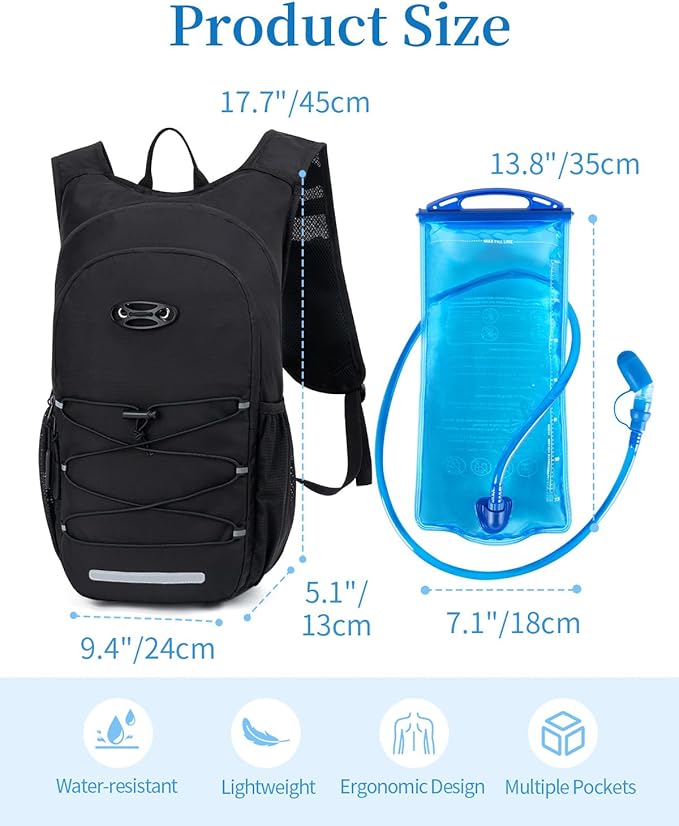 Hydration Backpack with 2L Water Bladder, Hiking Water Backpack for Men Women with Phone Pocket and Helmet Holder