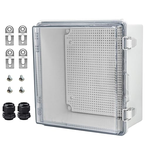Waterproof Electrical Box with Mounting Plate, IP67 Junction Box Stainless Steel Latch Hinged Clear Cover Project Enclosure with Wall Bracket and 2 Glands 8.3" x 8.3" x 3.9"