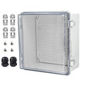 Waterproof Electrical Box with Mounting Plate, IP67 Junction Box Stainless Steel Latch Hinged Clear Cover Project Enclosure with Wall Bracket and 2 Glands 8.3" x 8.3" x 3.9"