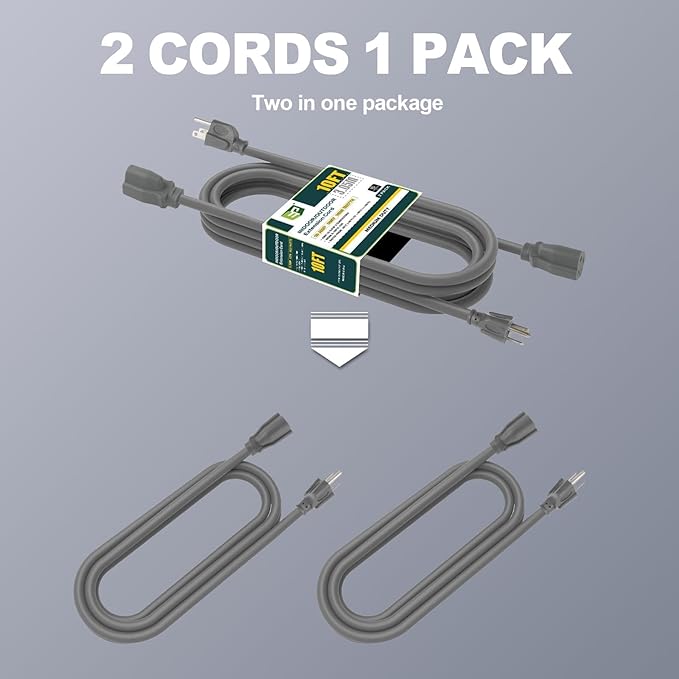 EP 2 Pack 10 Ft Outdoor Extension Cord, 16/3 SJTW Heavy Duty Power Cord, 3 Prong Grounded Plug, Waterproof, Cold-Resistant, 13A 1625W, Ideal for Indoor, Garden, Lawn, and Home Use Gray