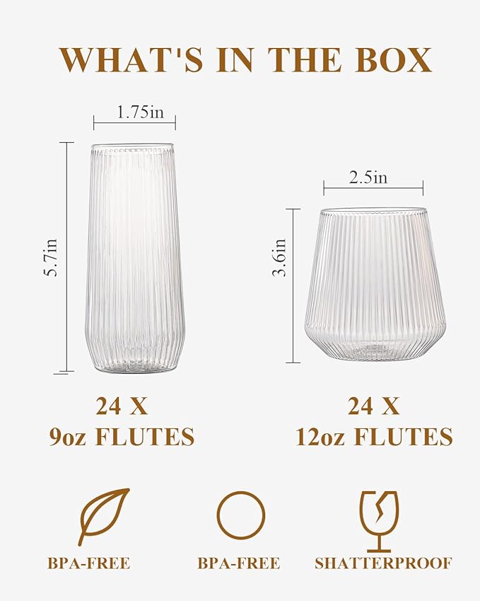 BESTSTAR 48 Pack Disposable Ribbed Origami Ripple Plastic Glasses Set - 24 9 OZ Stemless Champagne Flutes & 24 12OZ Cups, BPA-Free Shatterproof Clear Drinkware for Weddings, Parties & Events (Clear)