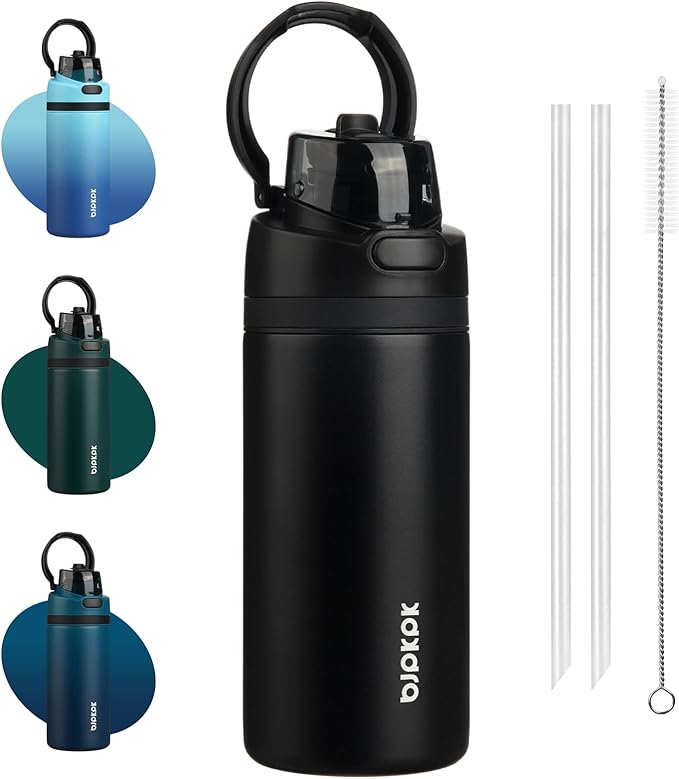 BJPKPK 17oz Insulated Water Bottle with 2-1 Straw Spout Lid, Stainless Steel Metal Water Bottles with Carry Handle, BPA Free, Leak-Proof, Fits in Car Cup Holder, Thermo for Sports,Black