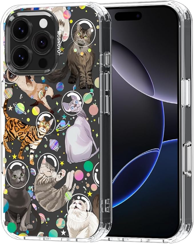 MOSNOVO Case for iPhone 16 Pro Max, [Buffertech 6.6ft Military-Grade Drop Protection] [Anti Peel Off Tech] Clear TPU Bumper Phone Case Cover Design - Space Cat