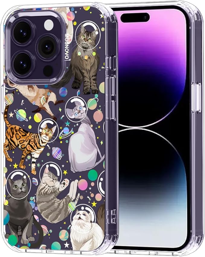 MOSNOVO Case for iPhone 14 Pro, [Buffertech 6.6ft Military-Grade Drop Protection] [Anti Peel Off Tech] Clear TPU Bumper Phone Case Cover Design - Space Cat