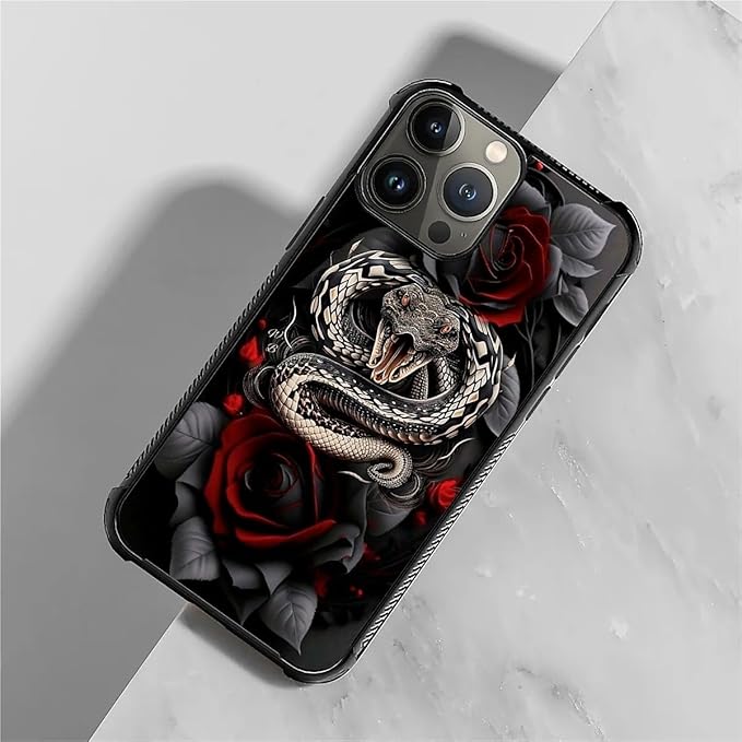for iPhone 15 Pro Case, Entwined Rose Snake Pattern Graphic Design Girl Boy Soft Silicone Hard Acrylic Shock Protection for iPhone 15 Pro