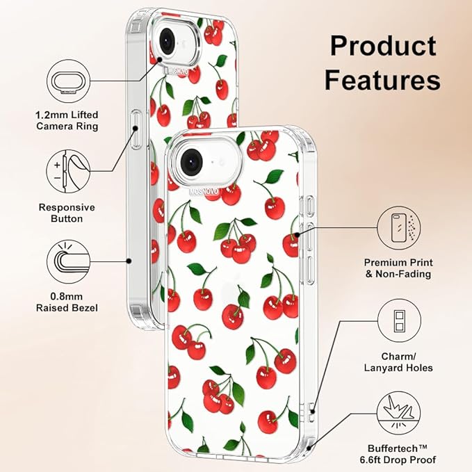 MOSNOVO for iPhone 17e Case/iPhone 16e Case, Shockproof Military-Grade Protection 6.6ft Drop Tested, Clear Phone Case for iPhone 16e / iPhone 17e, Cute Cherry Design