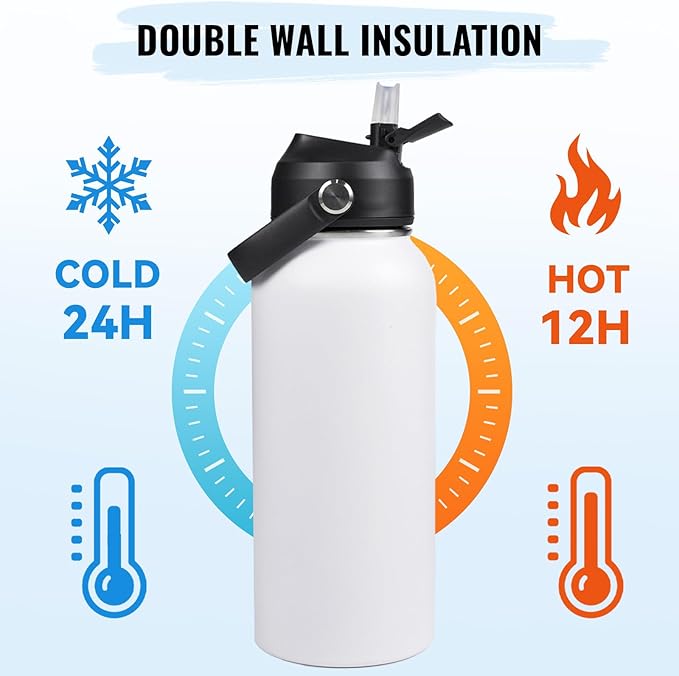 Fijinhom 32oz Insulated Stainless Steel Water Bottle, Wide Mouth Double Wall Vacuum, Silicone Straw, Sweat & Leak Proof, BPA Free Insulated Water Flask for Travel, Keep Cold 24h Hot 12h, White