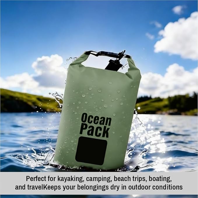 Waterproof Dry Bag Set of 3 (2L 5L 10L) – Roll Top PVC Dry Bags Waterproof for Kayaking, Camping, Beach & Travel – Floating Compression Dry Sack Backpack for Outdoor Gear (Military Green)