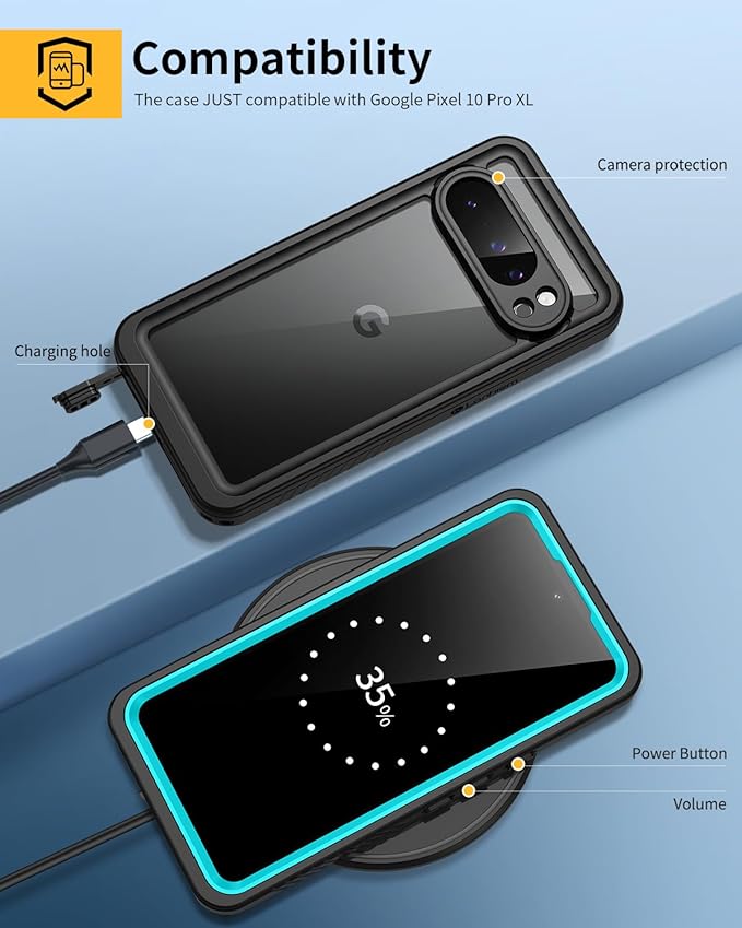 Lanhiem Pixel 10 Pro XL Case, IP68 Waterproof Dustproof Case with Built-in Screen Protector, Rugged Full Body Shockproof Protective Clear Cover for Google Pixel 10 Pro XL 6.8 Inch, Blue