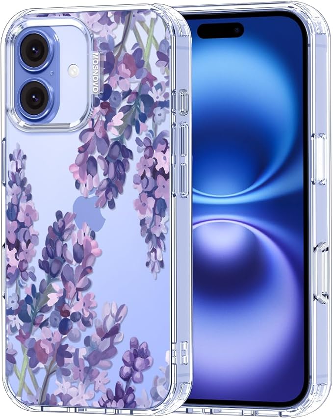 MOSNOVO Case for iPhone 16 Plus, [Buffertech 6.6ft Military-Grade Drop Protection] [Anti Peel Off Tech] Clear TPU Bumper Phone Case Cover Design - Lavender