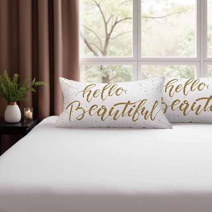 Hello Beautiful Bling Pillow Covers 12 X 20 Gold Glitter Motivational Quote Set of 2 Pillow Cases Rectangular Velvet Outdoor Throw Cushion Pillowcases Decorative for Home Bed Sofa Couch Hotel