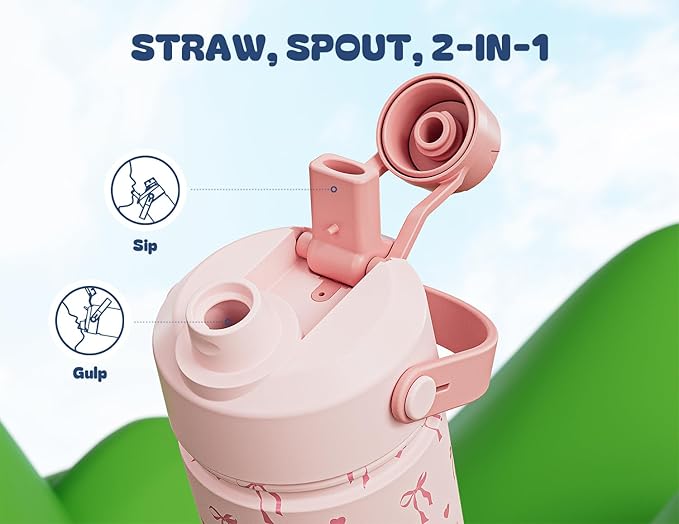 18 oz Insulated Water Bottle for Teens Girls: 2-in-1 Straw Spout Lid, Leakproof, BPA-Free, Easy Carry, 24H Cold, Cute Patterns, Insulated Stainless Steel Cup for School, Travel, Gift (Sweetheart Bow)
