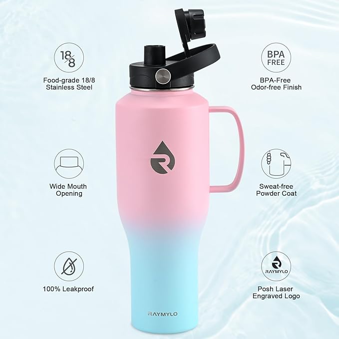 RAYMYLO Insulated Water Bottle 40oz (Cold for 48 Hrs), Stainless Steel Water Bottle with Handle & Straw Lid & Paracord Handle, Triple Wall Vacuum Leakproof Travel Flask, Fit in Any Car Cup Holder