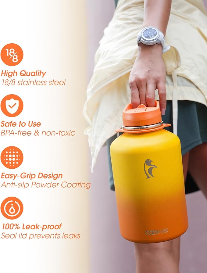 Coolflask Half Gallon Water Bottle with Strap, 64oz Insulated Water Jug Stainless Steel with Straw & Spout Lids, Metal Large Water Flask, Keep Cold 48h Hot 24h, Leak Proof, Non-BPA, Yellow/Orange