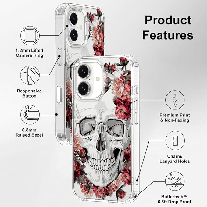 MOSNOVO for iPhone 17 Case | Military Grade 6.6ft Drop Tested | Camera Control | Clear with Red Flower Skull Design