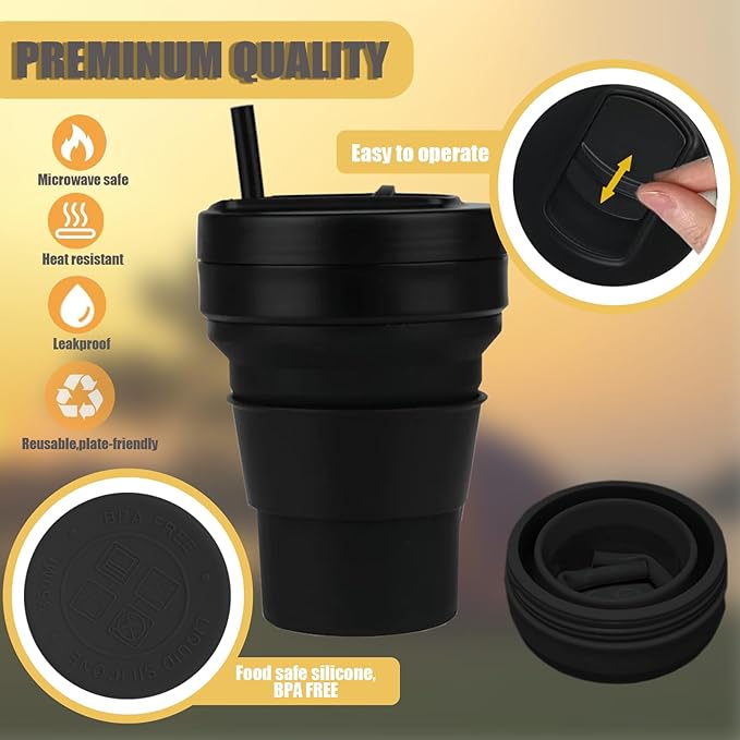 12 Oz Silicone Collapsible Travel Cup with Bag,Portable Silicone Water Bottle for Hot and Cold Beverages, Reusable Folding Drinking Cup with Lids 350ml for Outdoor Camp Hiking Travel with Straw -Black