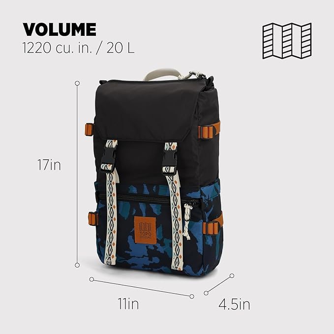 Topo Designs Rover Pack Classic - Laptop Tablet Daypack for Commutes, Day Trips, Hikes, Iconic Denver Design, PFAS-Free, Fair Trade, BlueSign Backpack (Black/Tectonic)