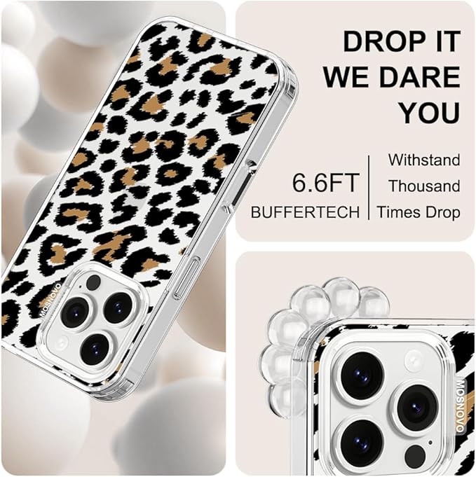 MOSNOVO Case for iPhone 16 Pro, [Buffertech 6.6ft Military-Grade Drop Protection] [Anti Peel Off Tech] Clear TPU Bumper Phone Case Cover Design - Leopard Print